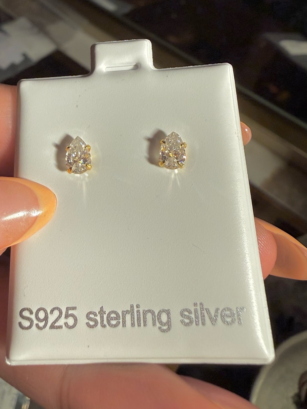 .925 Sterling Silver Teardrop Stud Earrings - Gold Tone